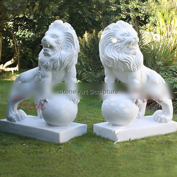 Pair of Outdoor White Marble Lion Statue with Paw on Ball for Sale TMA-13