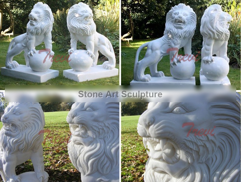 Pair of Outdoor White Marble Lion Statue with Paw on Ball for Sale TMA-13 detail image