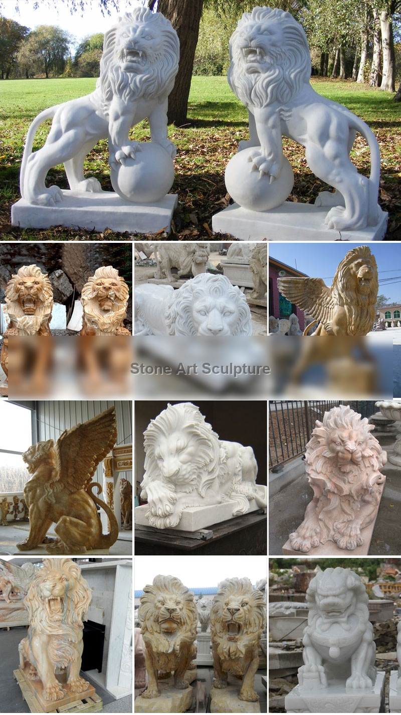 Pair of Outdoor White Marble Lion Statue with Paw on Ball for Sale TMA-13 detail image