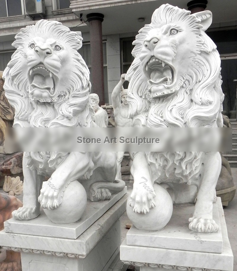 Pair of standing roaring guardian lion with ball statues for outside house decor TMA-39 detail image