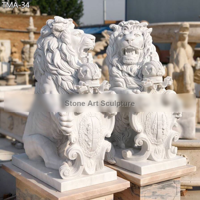 Pair of White Marble King Lion Statue with Shield TMA-34 detail image