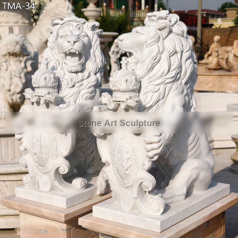Pair of White Marble King Lion Statue with Shield TMA-34 detail image