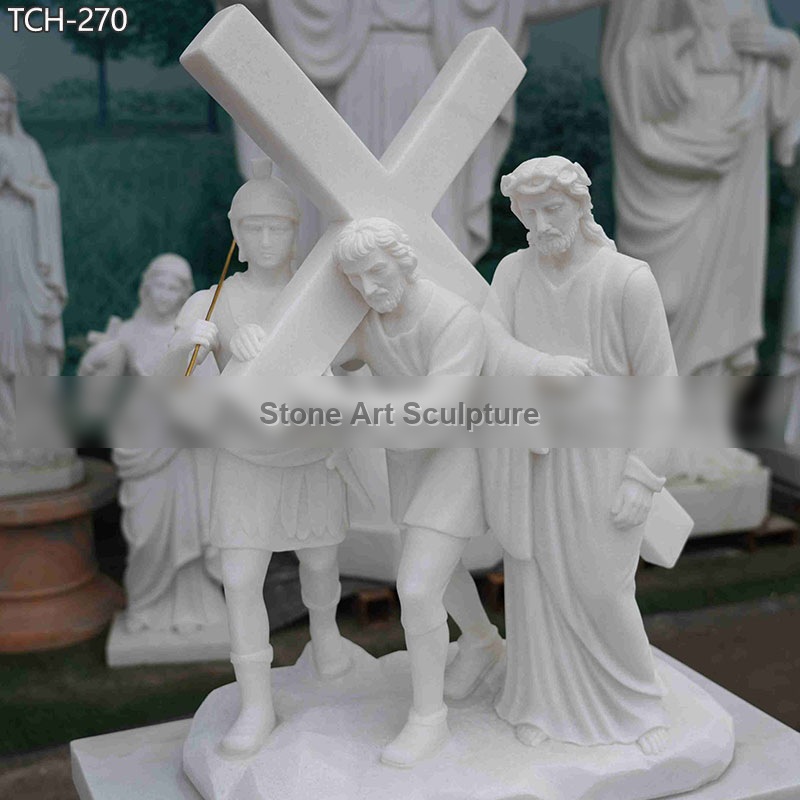 Station V | Simon Helps Jesus Carry His Cross Marble Statue detail image
