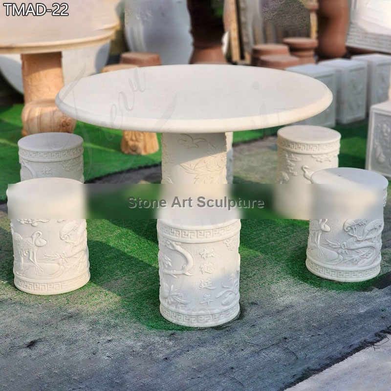 White Marble Outdoor Table with Benches Set for Garden