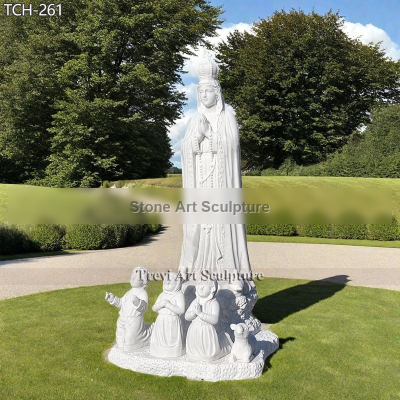 Marble Virgin Fatima Statue with Children and Lamb