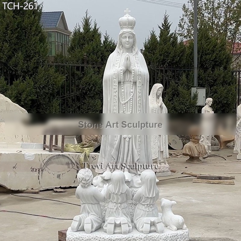 Marble Virgin Fatima Statue with Children and Lamb detail image