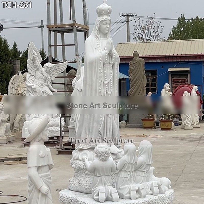 Marble Virgin Fatima Statue with Children and Lamb detail image
