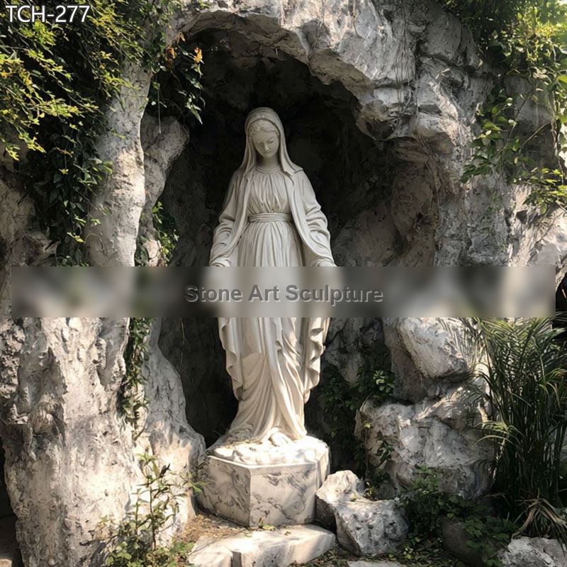 6 Feet Outdoor Marble Virgin Mary Statue with Grotto detail image