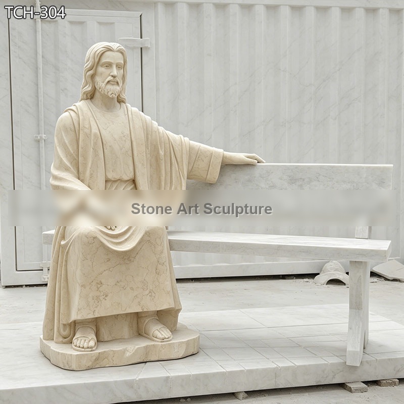 Jesus Sitting on a Bench Sculpture detail image
