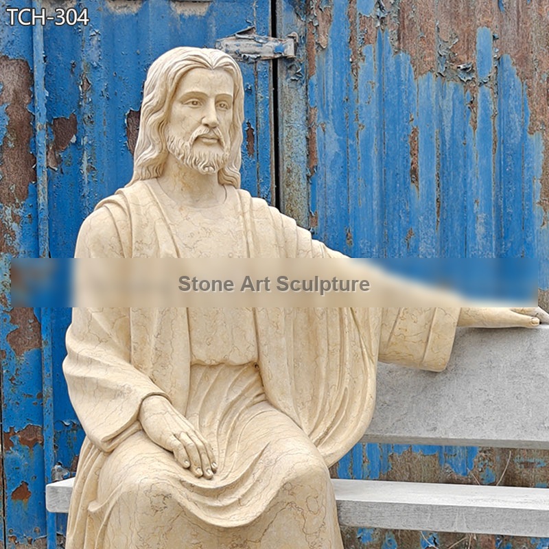 Jesus Sitting on a Bench Sculpture detail image