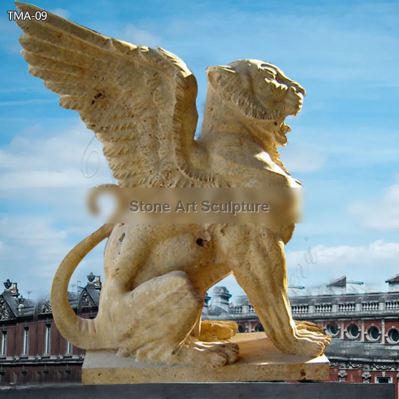 Standing Winged Stone Lion Gargoyle Statues Outside Houses TMA-09