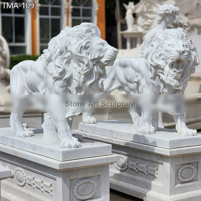 Large White Marble Roaring Lion Statue Garden Deco for Sale TMA-109
