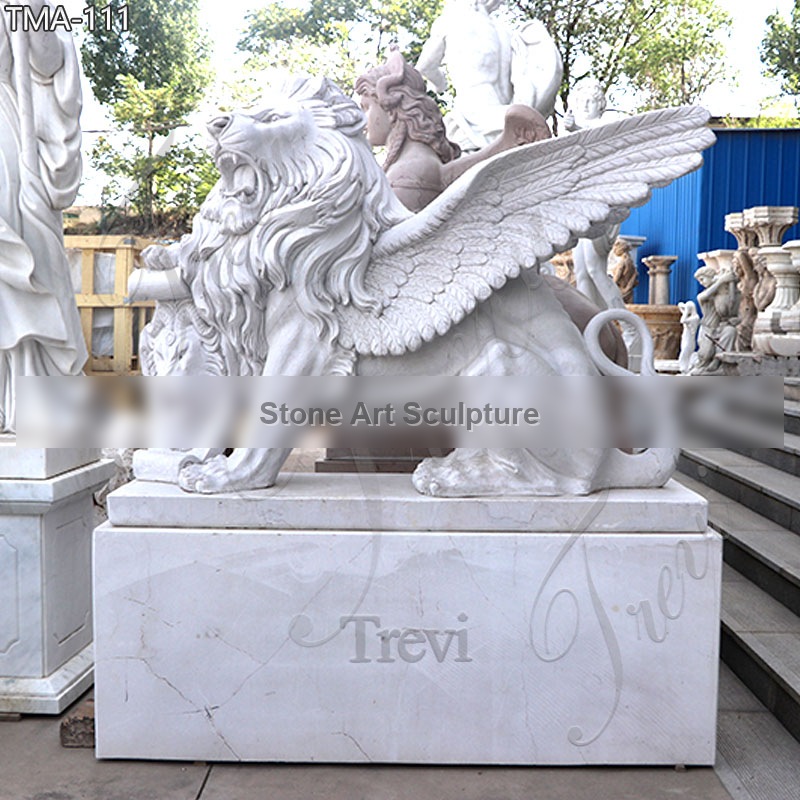 Life-Size Marble Winged Lion Statue with Shield for Front Porch TMA-111 detail image