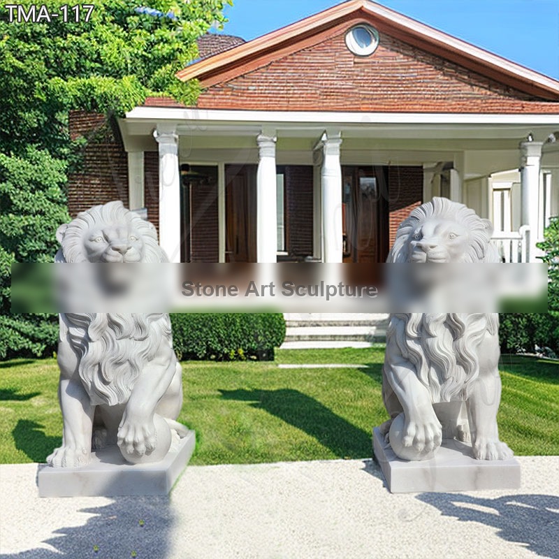 White Marble Lion Statue with Ball for Front Porch on Sale detail image