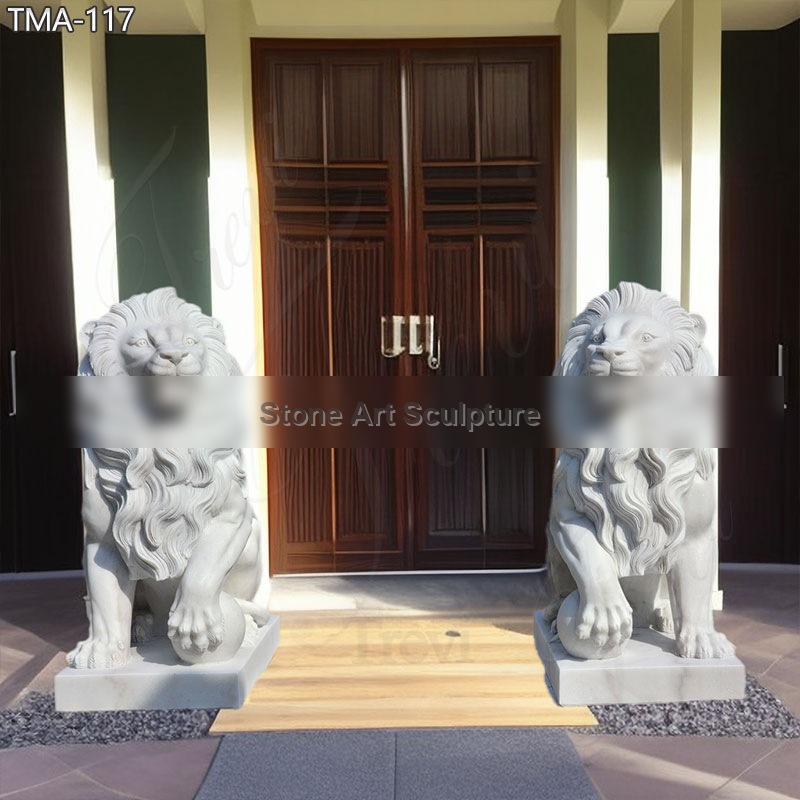 White Marble Lion Statue with Ball for Front Porch on Sale detail image