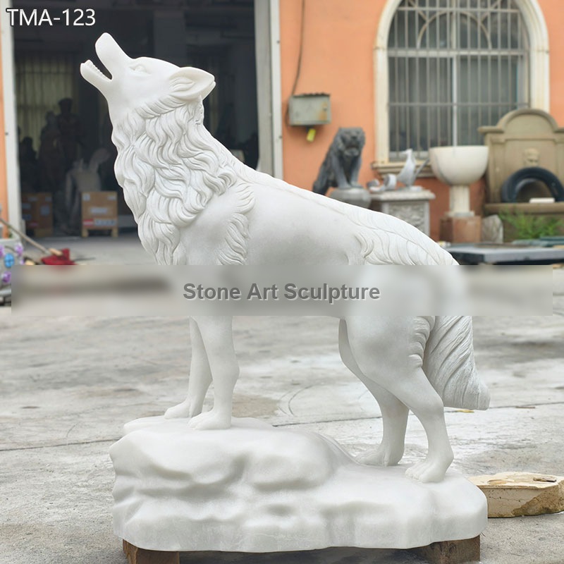 Hand-carved White Marble Wolf Statue for Garden detail image
