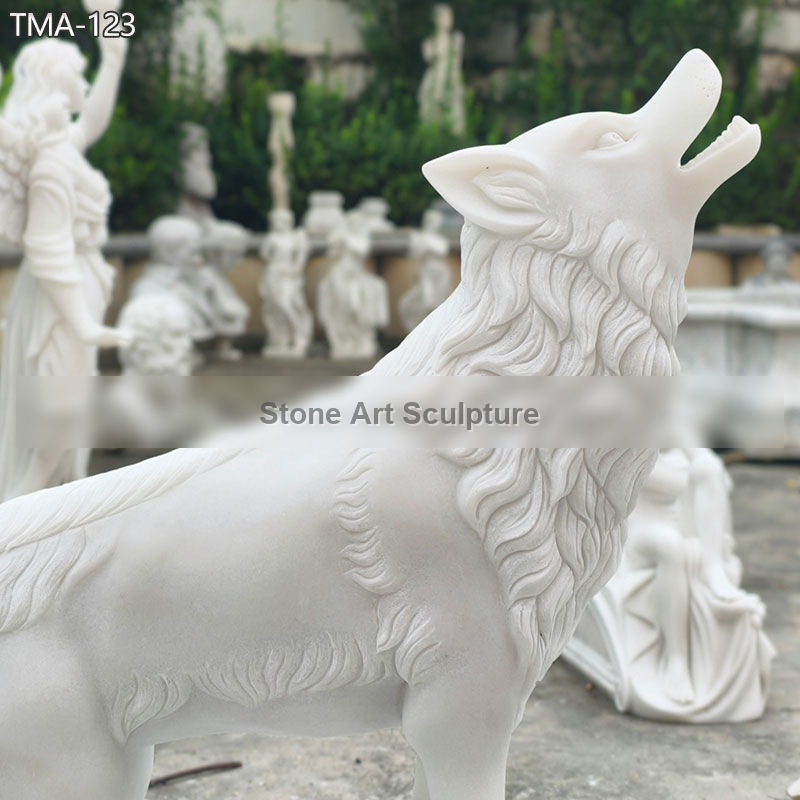 Hand-carved White Marble Wolf Statue for Garden detail image