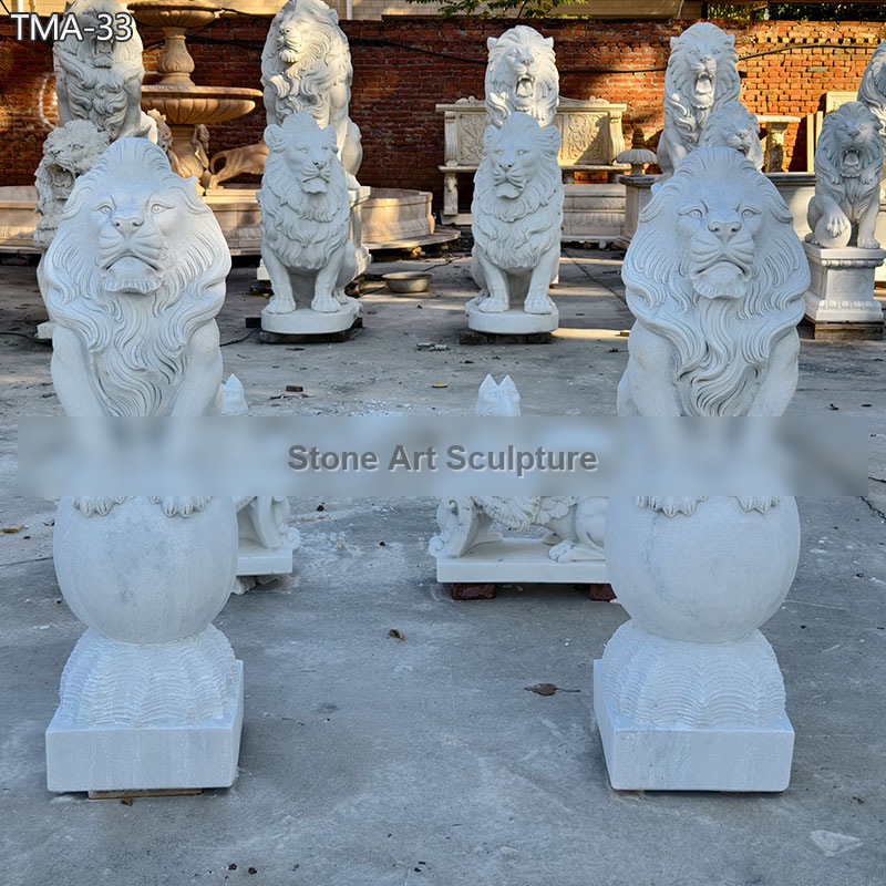 Pair of Sitting Lions Statue on Ball TMA-33 detail image