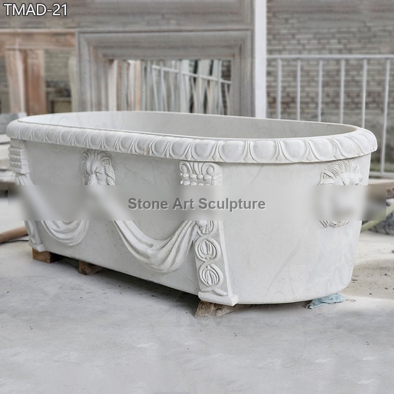 White Marble Soaking Tub with Lion Head for Sale detail image