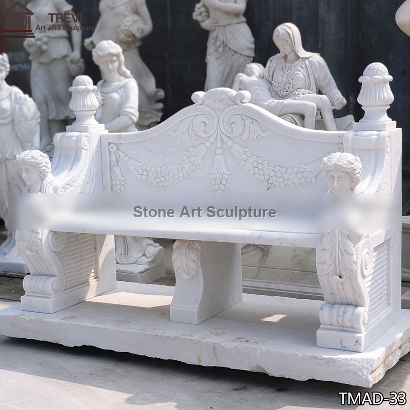 White Garden Bench with Hand Carved Caryatids detail image