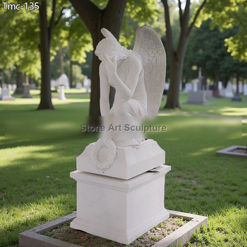 Carved Marble Sad Kneeling Angel Statue