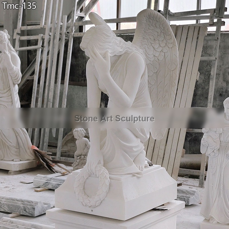 Carved Marble Sad Kneeling Angel Statue detail image