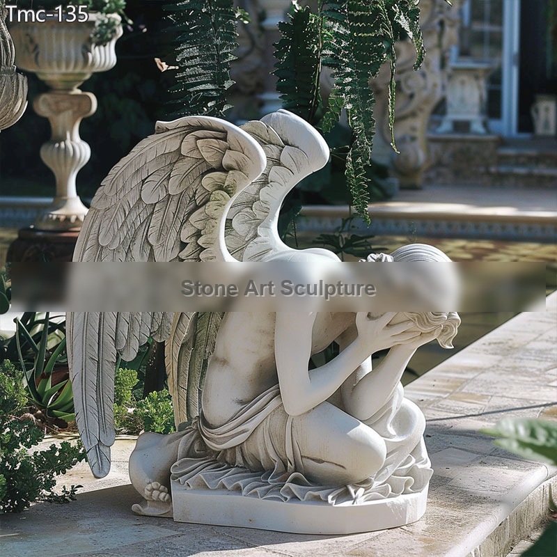 Carved Marble Sad Kneeling Angel Statue detail image