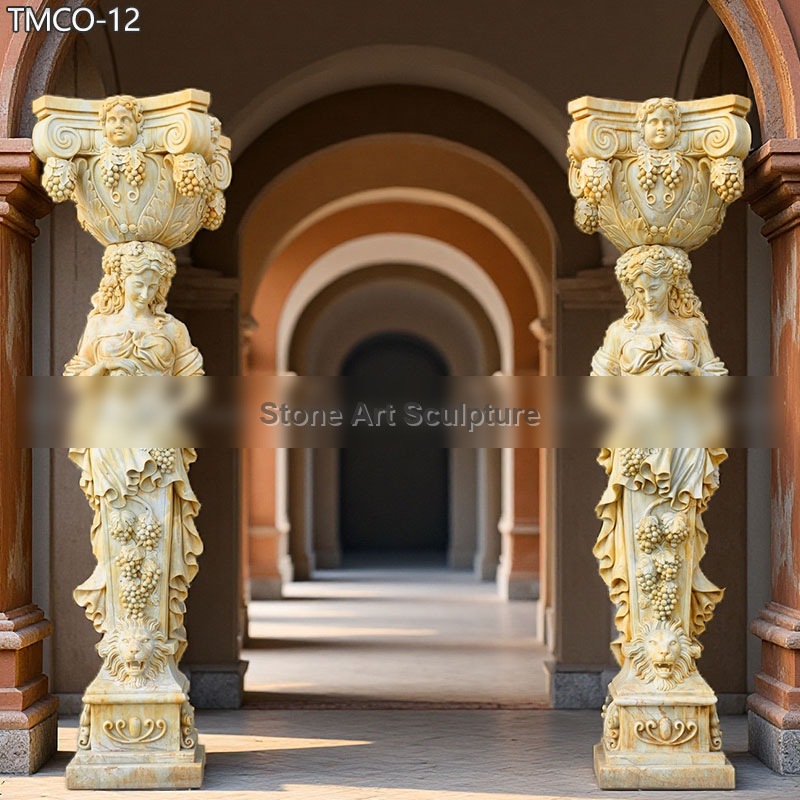 Ornate Marble Caryatid Sculpture Adorned with Grapevines