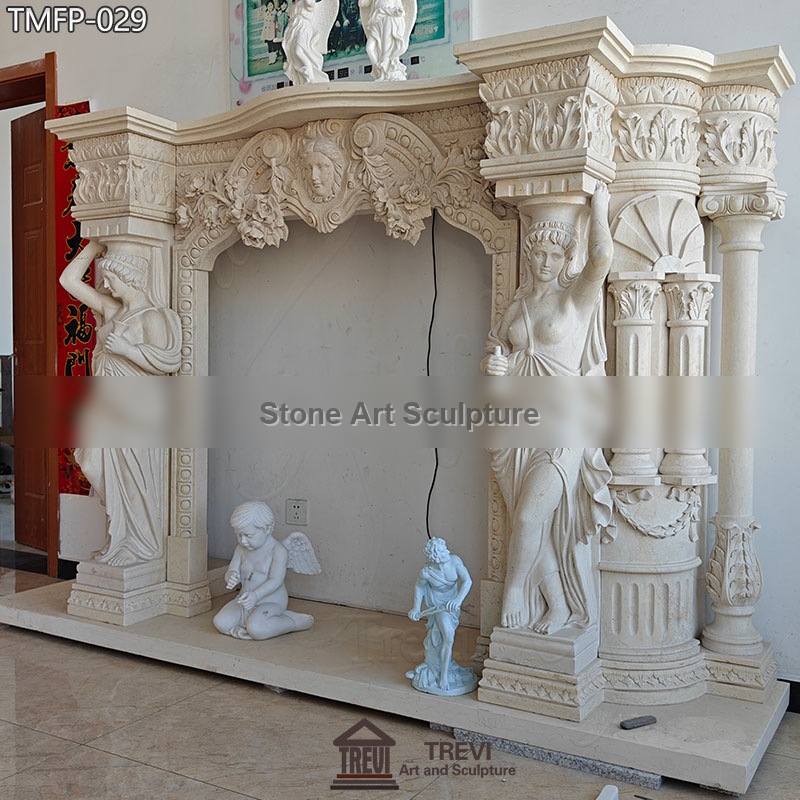 Luxury Marble Fireplaces Mantel with Female Statues for Sale detail image