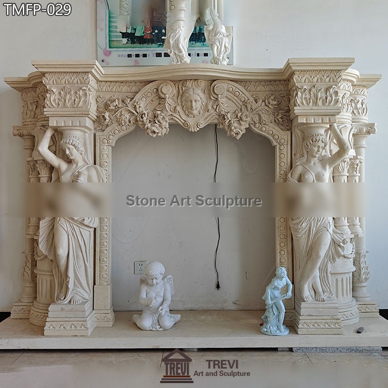 Luxury Marble Fireplaces Mantel with Female Statues for Sale detail image