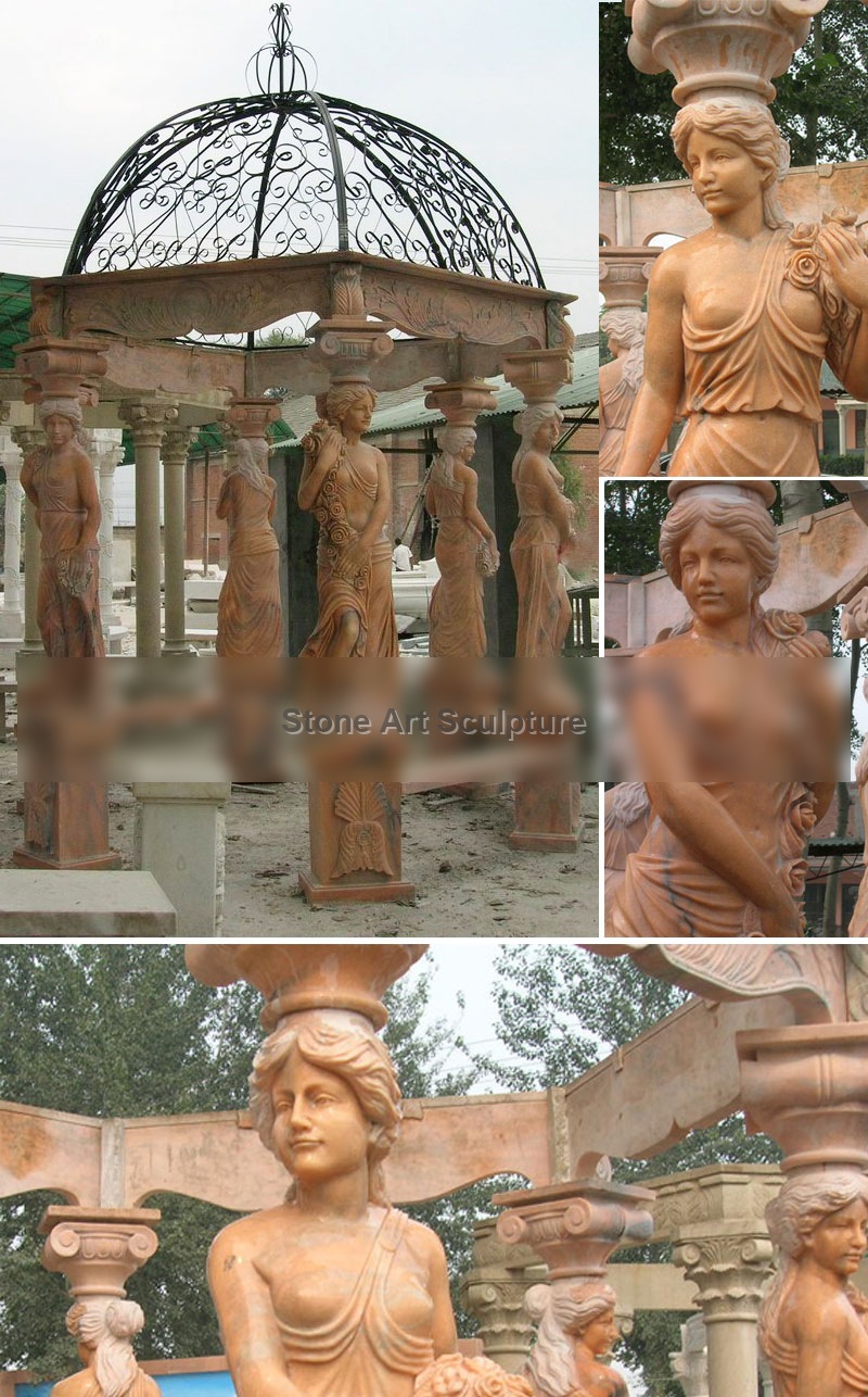 Outdoor patio sunset red marble garden gazebo with stone woman pillars for sale TMG-06 detail image