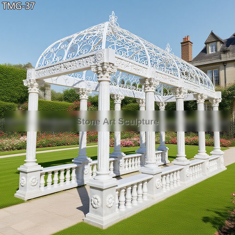 Hand-carved Rectangle White Gazebo Garden Decor TMG-37