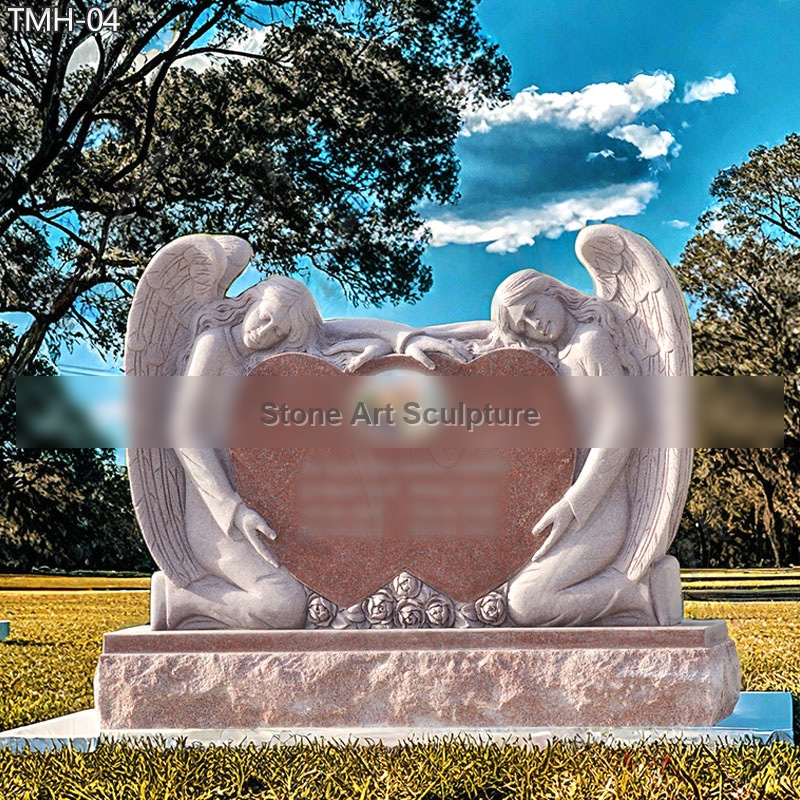 Heart Shape Red Marble Headstone with Two Angel Statue
