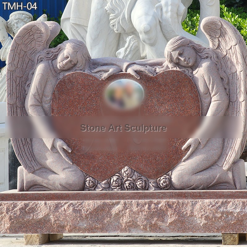 Heart Shape Red Marble Headstone with Two Angel Statue detail image