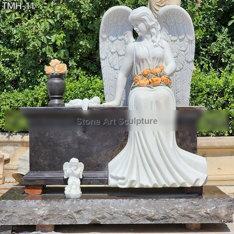 Angel with Granite Bench Headstone Memorial detail image