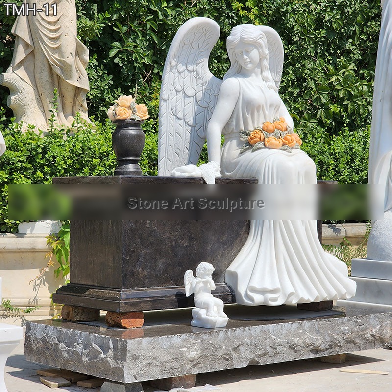Angel with Granite Bench Headstone Memorial detail image