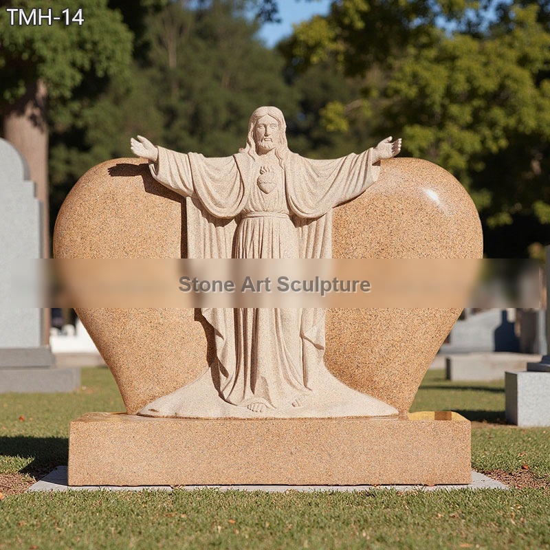 Red Granite Jesus Statue Heart-Shaped Tombstone TMH-14