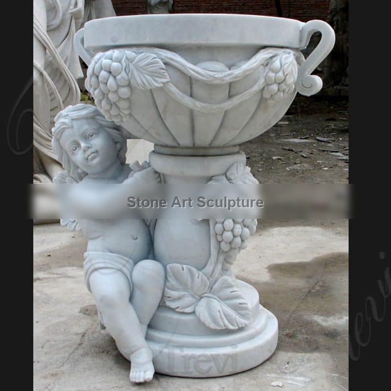 Garden White Marble Planters Pots with Angel Sculpture for Sale TMP-08 detail image