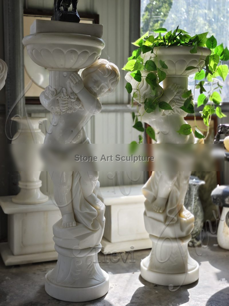 White Marble Planter Pot with Kid Carvings Design TMP-25 detail image