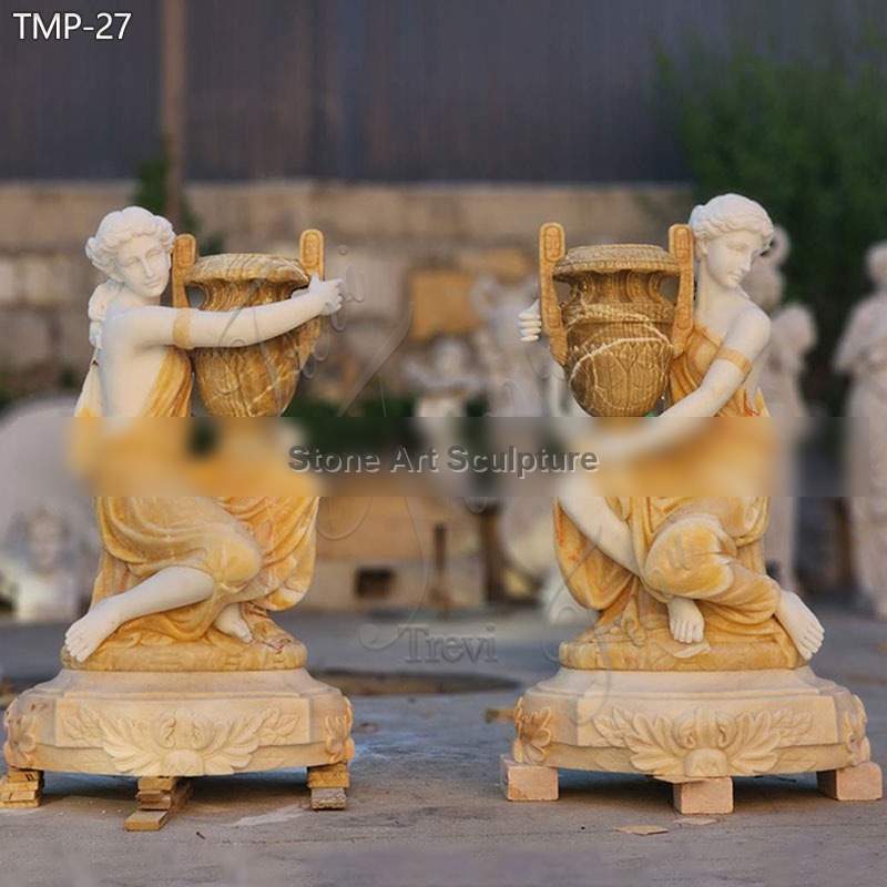 Hand-Carved Marble Flower Pot with Lady Statue for Sale TMP-27 detail image