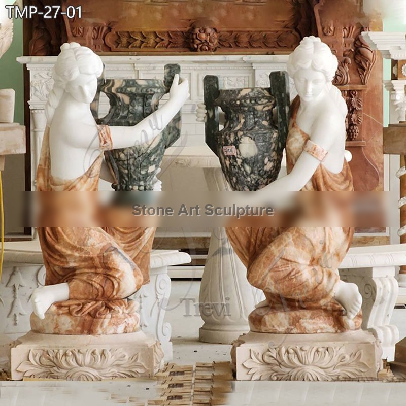 Hand-Carved Marble Flower Pot with Lady Statue for Sale TMP-27 detail image