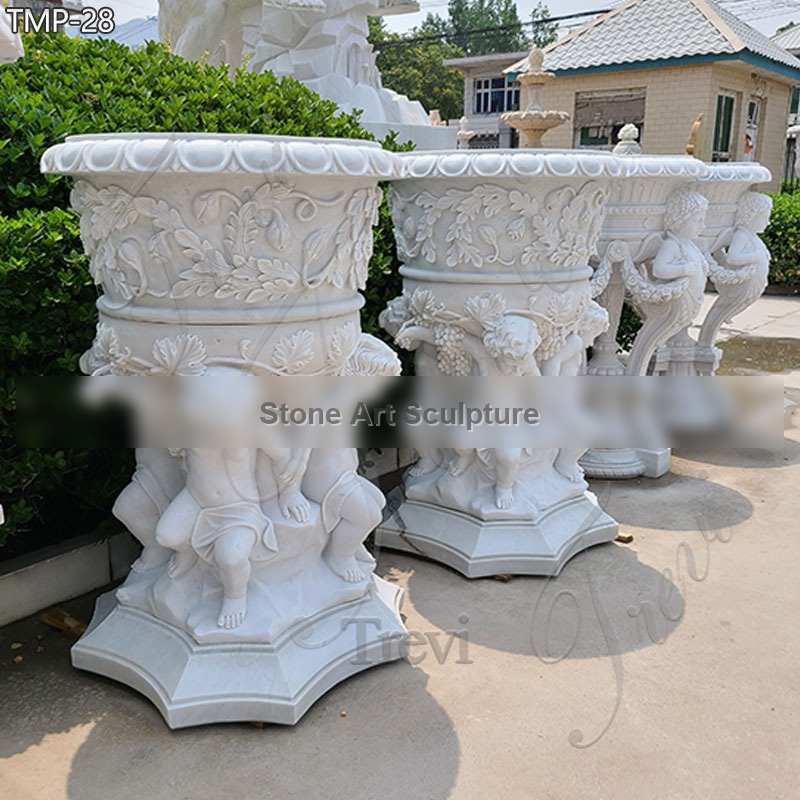 White Marble Plant Pot Large Size with Children Statue for Sale TMP-28 detail image