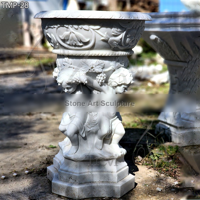 White Marble Plant Pot Large Size with Children Statue for Sale TMP-28 detail image