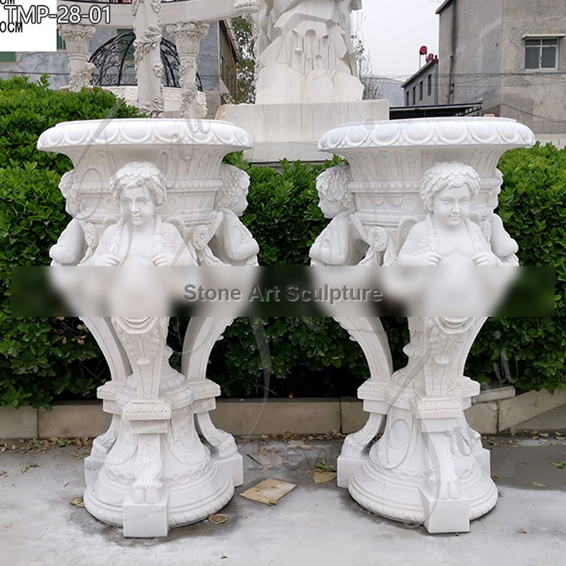 White Marble Plant Pot Large Size with Children Statue for Sale TMP-28 detail image