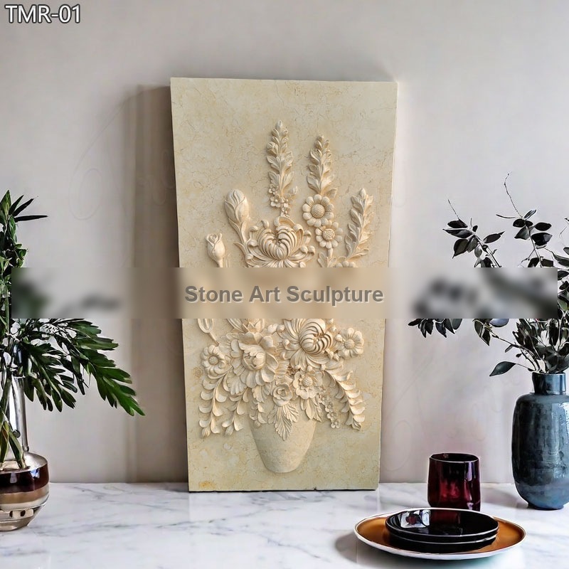 Beige Marble Flower Relief Sculpture for Indoor Decor
