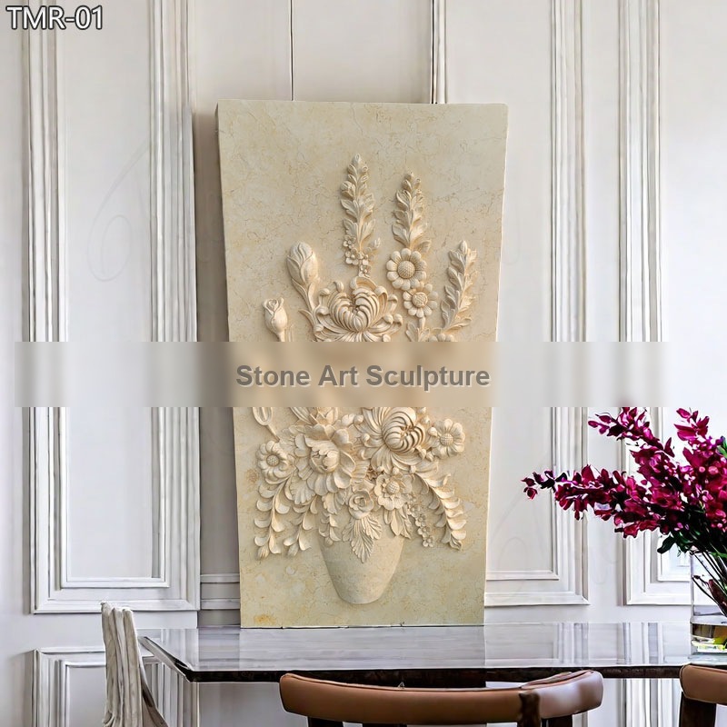 Beige Marble Flower Relief Sculpture for Indoor Decor detail image