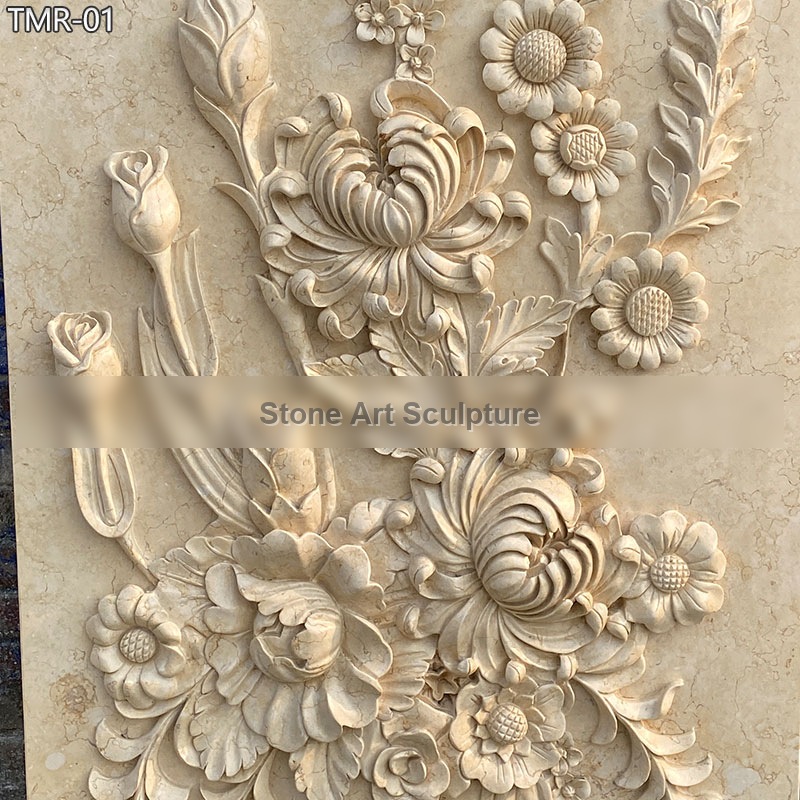 Beige Marble Flower Relief Sculpture for Indoor Decor detail image