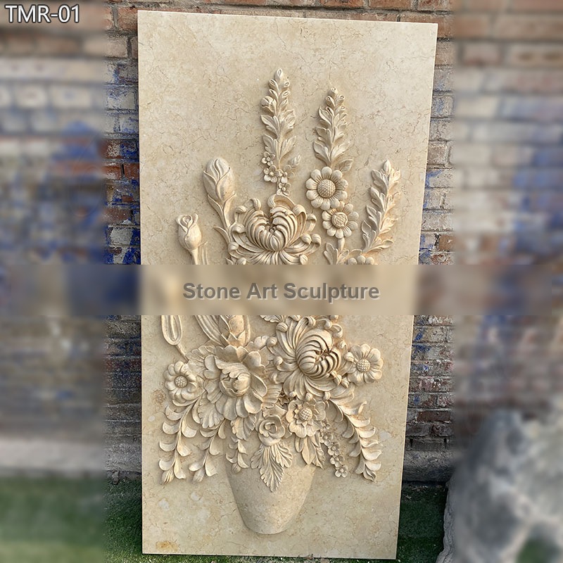 Beige Marble Flower Relief Sculpture for Indoor Decor detail image