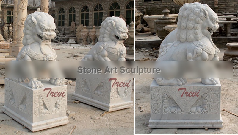 White marble Chinese dog lion pairs animal art decor for backyard TMA-93 detail image