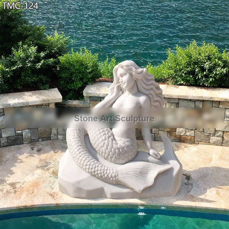 White Stone Mermaid Statue for Pool Decor TMC-124 detail image